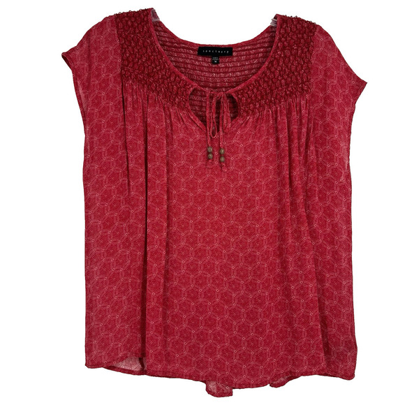 Sanctuary Boho Smocked Top Red Tie Neck Western Short Dolman Sleeves Size M - Picture 1 of 9
